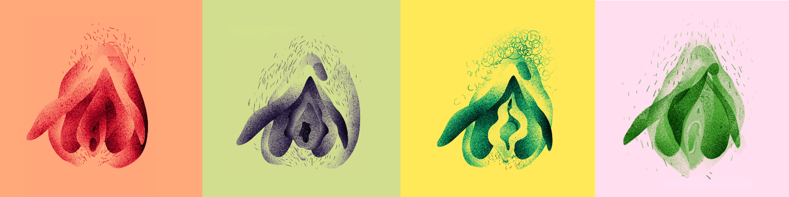 Ausstellungsgrafik: vier Vulven nebeneinander (untere Reihe)